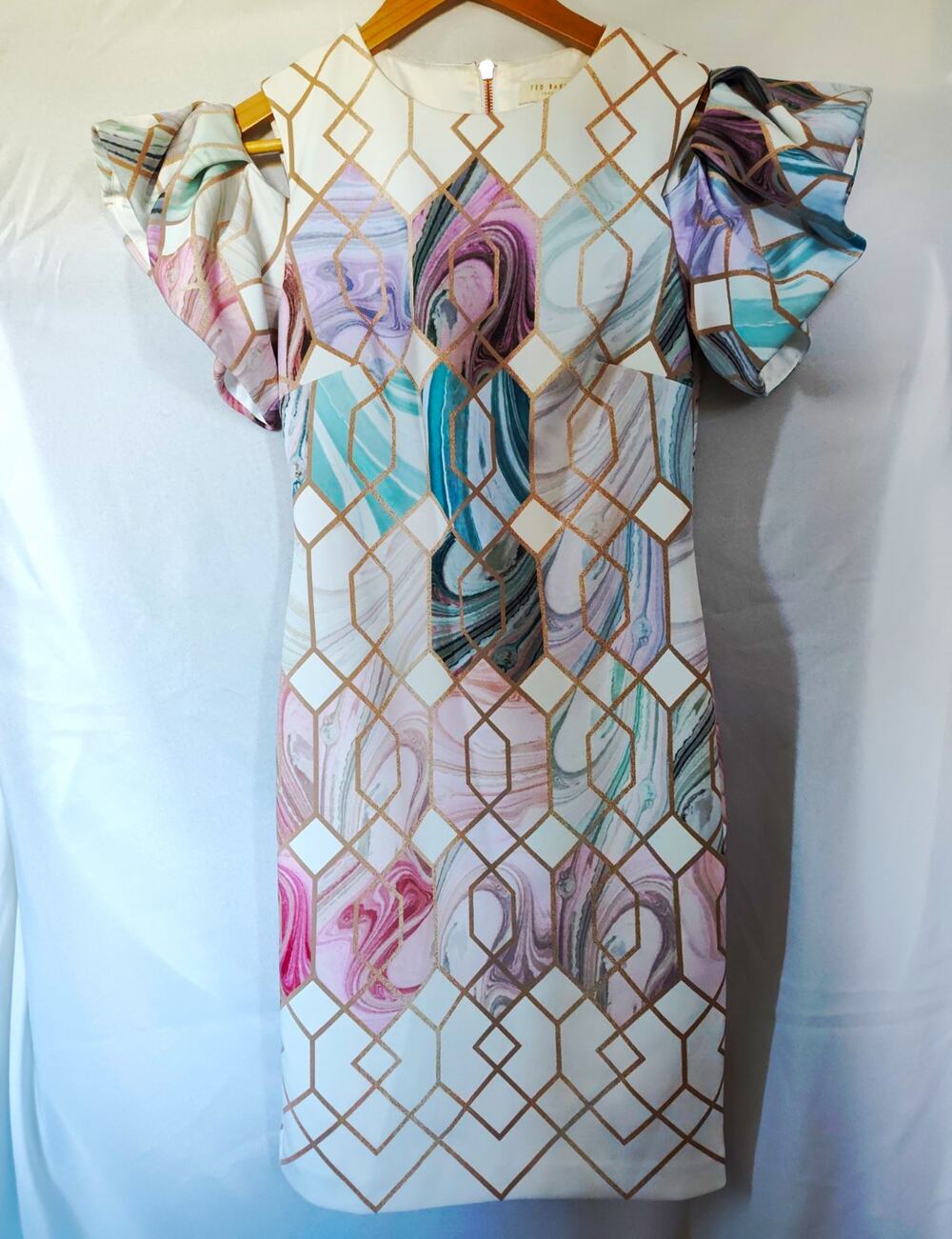 Ted Baker Geometric Multicolor Satin Shift Knee Dress Round Neck Zip Size 1
